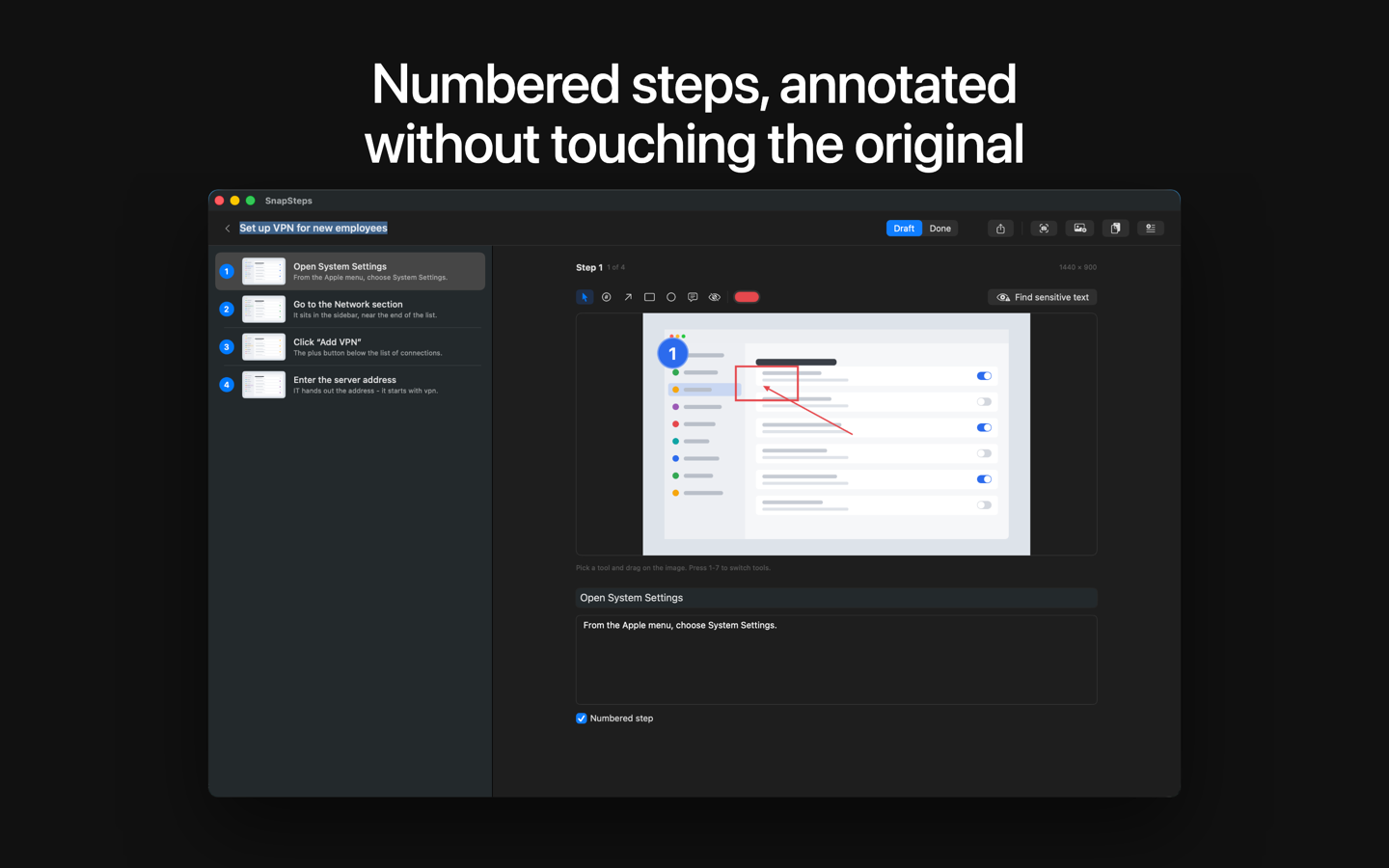The SnapSteps editor: a list of numbered steps on the left, an annotated screenshot with an arrow and a highlight box on the right